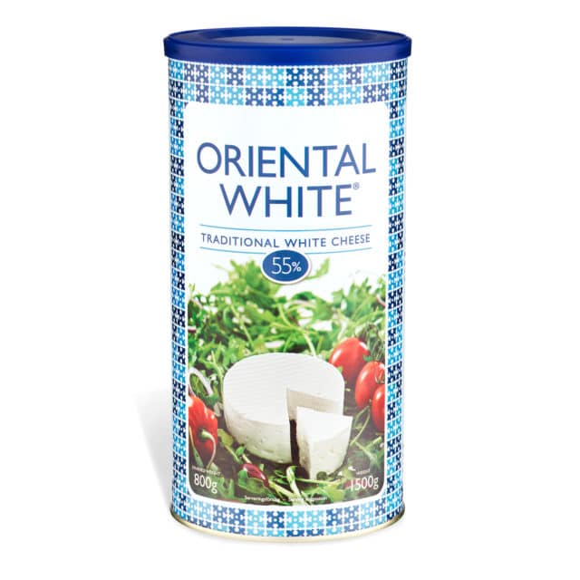 Produktbild på vitost Oriental White traditinal 800g i olika nyanser av blå avlång förpackning.