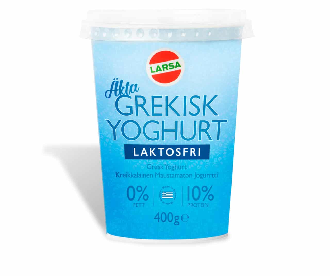 Hög blå burk med laktosfri yoghurt från Larsa Foods.